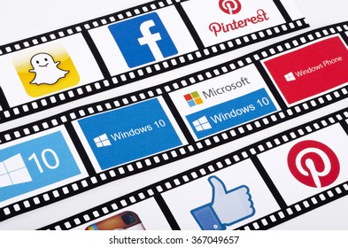 KIEV, UKRAINE - AUGUST 25, 2015: Film Strips Logos Snapchat, Facebook, Pinterest,  Windows 10 The Operating System Developed By Microsoft. Films Frame Windows 10 Logos On The On A White Background.