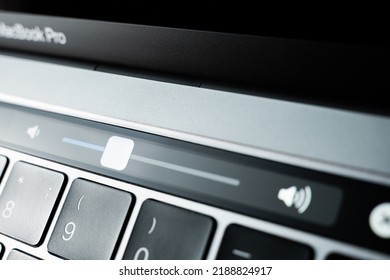 Kiev, Ukraine - August 9, 2022: Volume Slider On Touch Bar Apple Macbook Pro Closeup