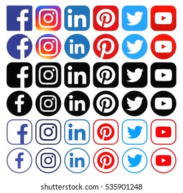 Kiev, Ukraine - December 10, 2016: Collection of different popular social media icons printed on white paper: Facebook, Instagram, Linkedin, Pinterest, Twitter, Youtube