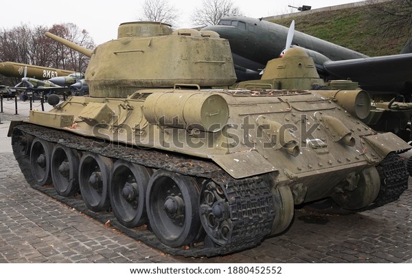 Kiev, Ukraine\
December 10, 2020: Medium Tank T-34 (T-34-85) at the Museum of\
Military Equipment for all to\
see