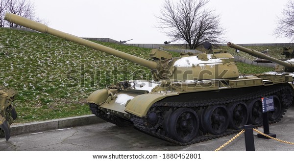 Kiev, Ukraine December
10, 2020: Medium Tank T-55 at the Museum of Military Equipment for
all to see