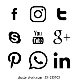 Kiev, Ukraine - December 12, 2016: Collection of popular social media logos printed on paper: Facebook, Twitter, Google Plus, Instagram, Pinterest, LinkedIn, YouTube and others.