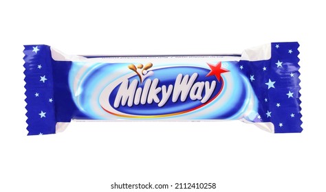 Kiev, Ukraine - December 13, 2021: Milky Way Chocolate Bar On White Background. Milky Way Is A Brand Of Chocolate-covered Confectionery Bar Manufactured And Marketed By The Mars Confectionery Company