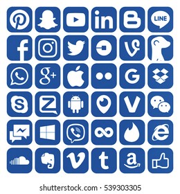Kiev, Ukraine - December 20, 2016: Set of popular social media icons printed on white paper: Pinterest, Twitter, YouTube, WhatsApp, Snapchat, Facebook,Skype, Instagram, Android, Flickr, Amazon, Viber.