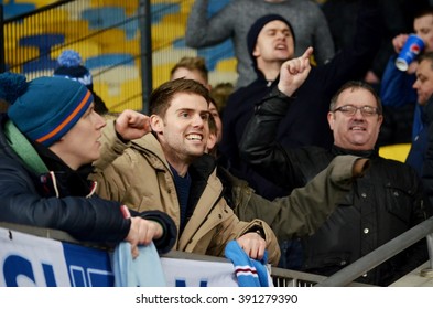 Kiev, UKRAINE - FEB 24: English Manchester City fans in the stands supporting his team during the UEFA Champions League match between Dynamo Kiev vs Manchester City, 24 February 2016, Ukraine