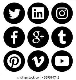 Kiev, Ukraine - Febraury 27, 2017: Collection of round popular social media black logos printed on paper: Facebook, Twitter, Google Plus, Instagram, Pinterest, LinkedIn, Vimeo, Tumblr and Youtube