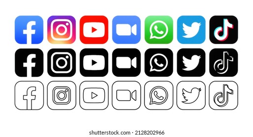 Kiev, Ukraine - February 08, 2022: Popular social media icons in different forms, such as: Facebook, Instagram, Youtube, Zoom, WhatsApp, Twitter and TikTok