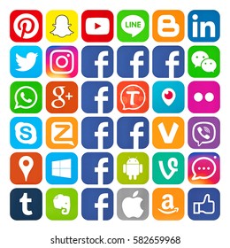 Kiev, Ukraine - February 10, 2017: Set of most popular social media icons: Pinterest, Twitter, YouTube, WhatsApp, Snapchat, Facebook,Skype, Instagram, Android,Flickr, and others logos printed on paper