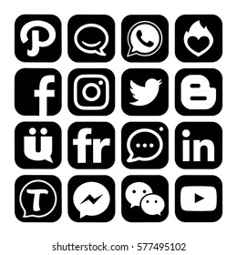 Kiev, Ukraine - February 12, 2017: Set of popular social media icons printed on white paper: Facebook,Instagram, Google Plus, Twitter, Tango, Youtube, Flickr, WhatsApp, InstaMessage, Wechat, Blogger.