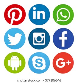 Kiev, Ukraine - February 15, 2016: Set of most popular social media icons: Facebook, Twitter,Youtube, Pinterest, Instagram,  Google Plus, Linkedin, WhatsApp, Android  printed on paper.