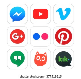 Kiev, Ukraine - February 16, 2016: Collection of popular social networking and video logo signs printed on paper: Messenger, Youtube, Google Plus, Vimeo, Pinterest, Flickr, Askfm, Kik and Hangouts