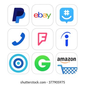Kiev, Ukraine - February 17, 2016: Collection of popular social networking, Finance and Shopping logo signs printed on paper: PayPal, ebay, GroupMe, Talkaton, Foursquare, Indeed, Skout and other
