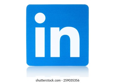 KIEV, UKRAINE - FEBRUARY 19, 2015: Linkedin logo sign printed on paper and placed on white background. Linkedin is a business social networking service.