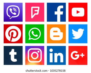 Kiev, Ukraine - February 19, 2018: Popular square social media logos printed on paper: Facebook, Twitter, Instagram, Pinterest, LinkedIn, Viber, Tumblr, WhatsApp, Youtube, and others