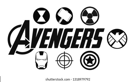 Kiev, Ukraine - February 19, 2019: Set Of Avengers Logo And Super Heroes Icons Printed On Paper. Marvel Studios.
