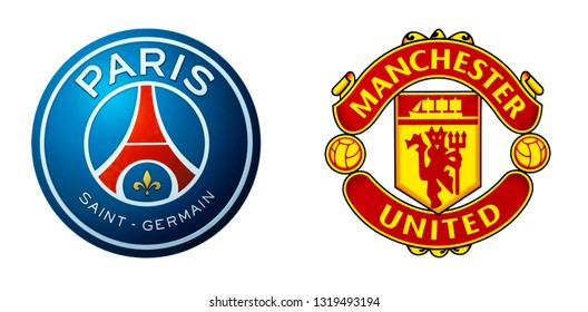 Kiev, Ukraine - February 20, 2019: Manchester Uniterd and PSG football clubs logos isolated on white. Champions league play off.