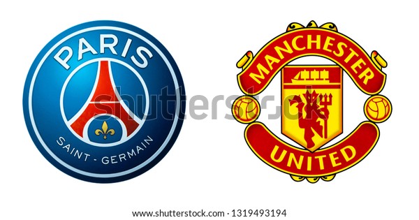 Manchester United and PSG football clubs logos isolated on white. Champions league play off wallpaper.