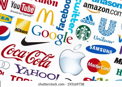 KIEV, UKRAINE - FEBRUARY 21, 2012: A logotype collection of well-known world brand's printed on paper. Include Google, McDonald's, Nike, Coca-Cola, Facebook, Apple and more others logo.