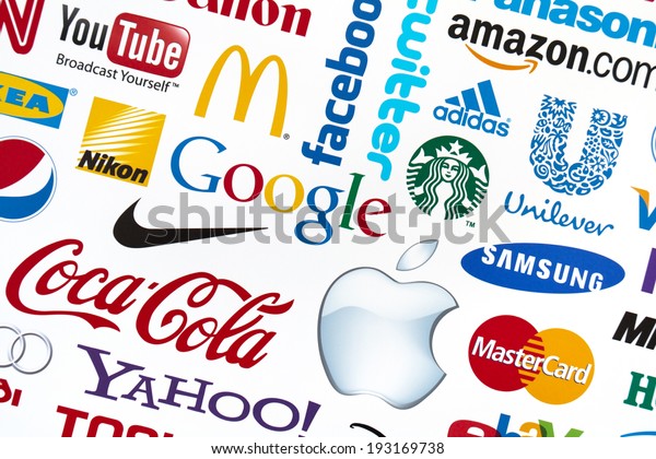 KIEV,\
UKRAINE - FEBRUARY 21, 2012: A logotype collection of well-known\
world brand\'s printed on paper. Include Google, McDonald\'s, Nike,\
Coca-Cola, Facebook, Apple and more others\
logo.