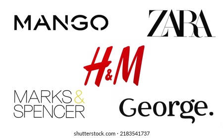 Kiev, Ukraine - February 22, 2022: HM, MANGO, George, Marks Spencer And ZARA Logos Printed On Paper And Placed On White Background. 