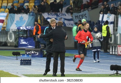 KIEV, UKRAINE - FEBRUARY 24, 2016: Sergiy Rebrov And Manuel Pellegrini After The UEFA Champions League Game Against FC Dynamo Kyiv At NSC Olimpiyskyi Stadium In Kyiv