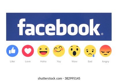 Kiev, Ukraine - February 26, 2016: New Facebook like button 6 Empathetic Emoji Reactions printed on white paper. Facebook is a well-known social networking service.