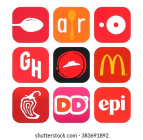 Kiev, Ukraine - February 26, 2016: Collection of popular food icons printed on paper: Urbanspoon, Allrecipes Dinner Spinner, Chipotle, Dunkin' Donuts, McDonald's, Open Table and other