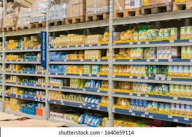 Kiev, Ukraine. February 8 2020 Various Baby Food On Store Shelves. Baby And Toddler Food Selection In A Supermarket. Market Aisle Filled With Powdered Baby Milk Formula A Commercial Baby Food