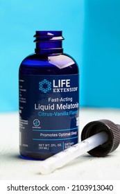 
KIEV, UKRAINE - Jan 10, 2021: Life Extension Melatonin, Fast Acting Liquid Melatonin, Citrus Vanilla Flavor, 2 Fl Oz (59 Ml)