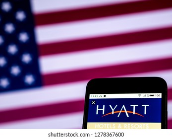 KIEV, UKRAINE - Jan 8, 2019: Hyatt Hotels Corporation Logo Seen Displayed On Smart Phone.
