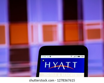 KIEV, UKRAINE - Jan 8, 2019: Hyatt Hotels Corporation Logo Seen Displayed On Smart Phone.