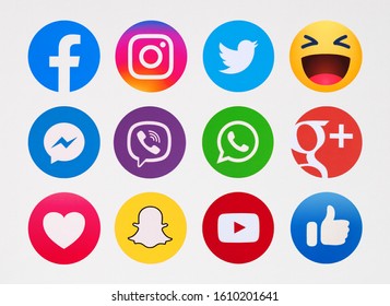 Kiev, Ukraine - January 06, 2020: Set of most  popular social media logos printed on paper: Facebook, Instagram,  Twitter, Snapchat, WhatsApp, Messenger, Viber, Google Plus, YouTube.