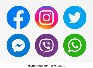 Kiev, Ukraine - January 06, 2020:  Set of most  popular social media logos printed on paper: Facebook, Instagram,  Twitter, Snapchat, WhatsApp, Messenger, Viber, YouTube.