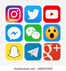 Kiev, Ukraine - January 06, 2020:   Instagram, Twitter, YouTube, Messenger, WeChat, Snapchat, Telegram, Google Plus printed on paper.