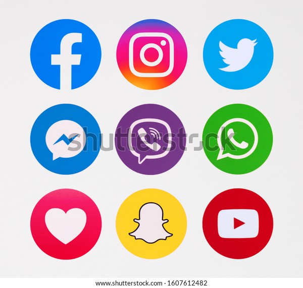 Kiev, Ukraine - January 06,\
2020: Set of most  popular social media logos printed on paper:\
Facebook, Instagram, Twitter, Snapchat, WhatsApp, Messenger, Viber,\
YouTube.
