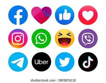 Kiev, Ukraine - January 11, 2021:  Set Of Most  Popular Social Media Logos Printed On Paper: Facebook, Instagram, Twitter, WhatsApp,  Facebook Dating App Icon,Viber,Telegram, Uber, TikTok.