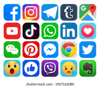 Kiev, Ukraine - January 14, 2021: Set of most popular social media logos printed on paper: Facebook, Instagram, Twitter and other