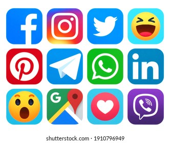 Kiev, Ukraine - January 14, 2021: Set Of Most Popular Social Media Logos Printed On Paper: Facebook, Instagram, Twitter And Other