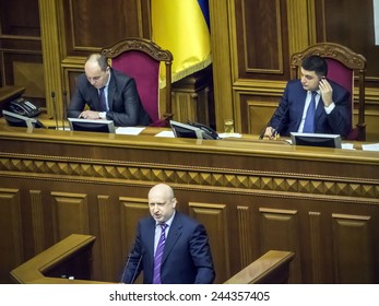 KIEV, UKRAINE - January 15, 2015: Chairman Of The National Security Council Of Ukraine Oleksandr Turchynov Represents Presidential Decree On Mobilization. 