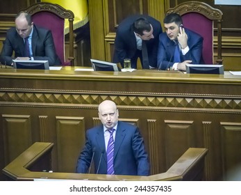 KIEV, UKRAINE - January 15, 2015: Chairman Of The National Security Council Of Ukraine Oleksandr Turchynov Represents Presidential Decree On Mobilization. 