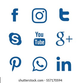 Kiev, Ukraine - January 15, 2017: Collection of popular social media logos printed on paper: Facebook, Twitter, Google Plus, Instagram, Pinterest, LinkedIn, YouTube and others.