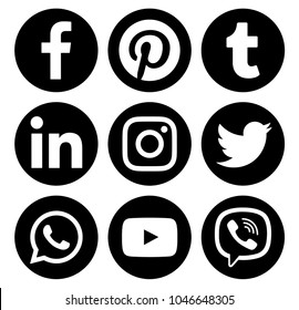Kiev, Ukraine - January 16, 2018: Popular circle social media black logos printed on paper: Facebook, Twitter, Instagram, Pinterest, LinkedIn, Viber, Tumblr, WhatsApp and Youtube