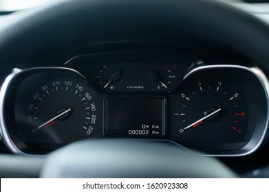 Kiev, Ukraine - January 17, 2020. Dashboard Of A Modern New Car, Odometer And Speedometer.  Zero Car Mileage. New Car Without A Run.