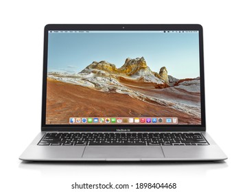 KIEV, UKRAINE - JANUARY 19, 2021:  Brand new, 13-inch Apple MacBook Air Late with new M1 Apple Silicon processor designed and developed by Apple Inc., it was released on November 17, 2020