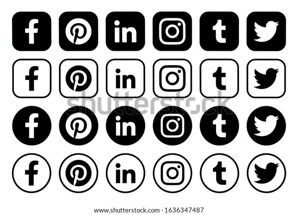 Kiev, Ukraine -\
January 21, 2020: Popular social media black icons pointers printed\
on paper: Facebook, Twitter, Instagram, Pinterest, LinkedIn, Viber,\
Tumblr and others