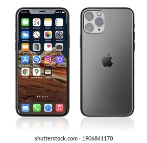 KIEV, UKRAINE - JANUARY 24, 2021: Front and back view of new Apple  iPhone 11 Pro Space Gray smartphone isolated on white background with clipping path