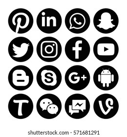 Kiev, Ukraine - January 29, 2017:Collection of popular  social media icons printed on paper : Facebook,Instagram, Snapchat, LinkedIn, Twitter, Skype, Tango, Youtube, Pinterest, WhatsApp, Line, Wechat.