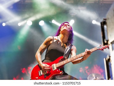 KIEV, UKRAINE - JULY 04, 2018: American Christian Metal Rock Band Skillet And Korey Cooper, Rhythm Guitarist Performs Live At The Atlas Weekend Festival In National Expocenter.