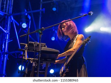 KIEV, UKRAINE - JULY 04, 2018: American Christian Metal Rock Band Skillet And Korey Cooper, Rhythm Guitarist Performs Live At The Atlas Weekend Festival In National Expocenter.