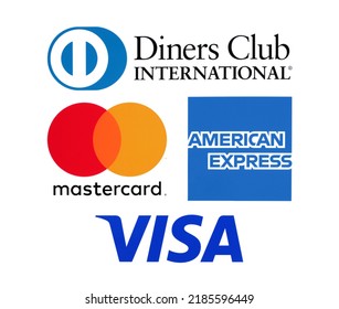 Kiev, Ukraine - July 07, 2022: Collection of new popular payment system logos, printed on white paper: American Express, MasterCard, Visa and Diners Club International